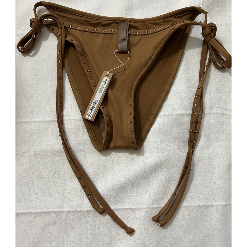 Skims Rhinestone Swim Bikini Bottom Almond Large Tie Side Strappy Cheeky NWT
